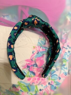 Lele Sadoughi Green Leopard Print Padded Headband with Navy and Peach Accents